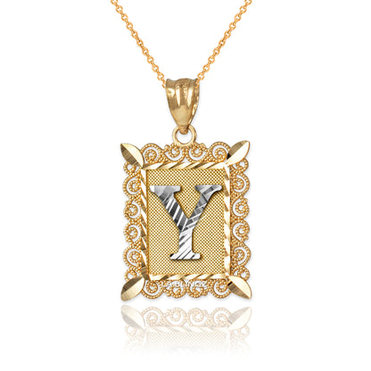 14K Yellow Gold Filigree Letter Initial Alphabet Pendant Necklace Karma Blingz