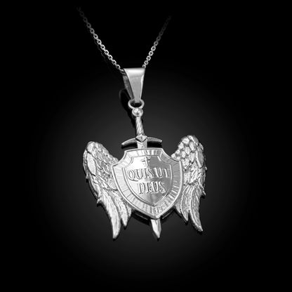 Saint Michael Sword and Shield "Quis ut Deus" Gold Pendant Necklace Karma Blingz