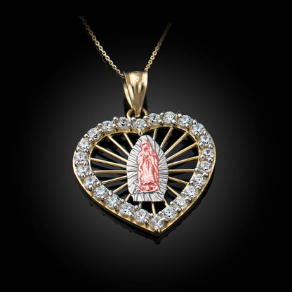 Tri-Tone Gold Our Lady Of Guadalupe CZ Heart Pendant Necklace Karma Blingz
