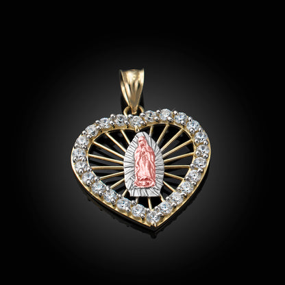 Tri-Tone Gold Our Lady Of Guadalupe CZ Heart Pendant Necklace Karma Blingz