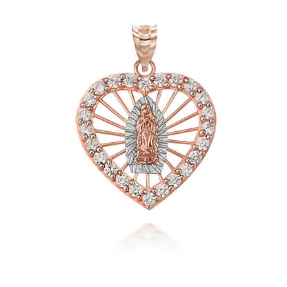 Tri-Tone Gold Our Lady Of Guadalupe CZ Heart Pendant Necklace Karma Blingz