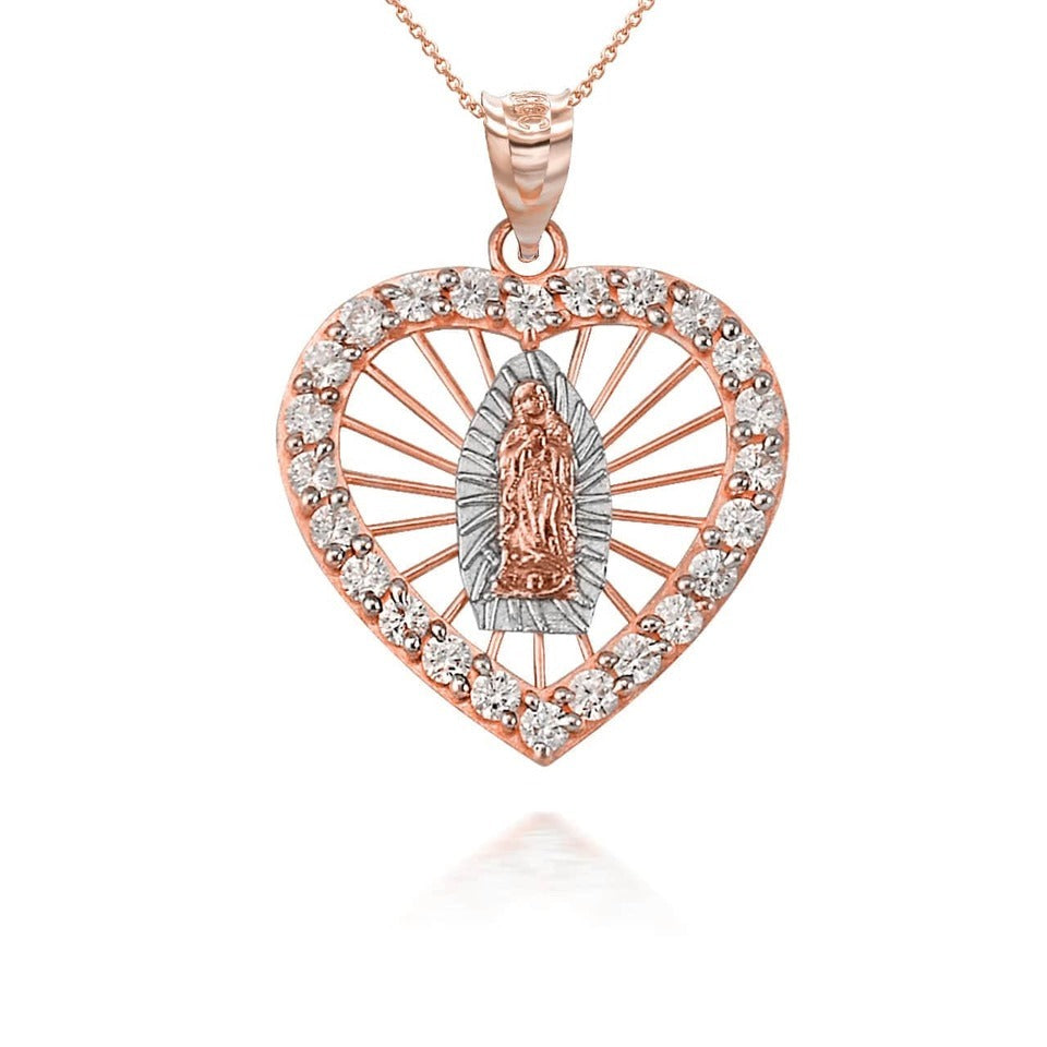 Tri-Tone Gold Our Lady Of Guadalupe CZ Heart Pendant Necklace Karma Blingz