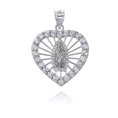 Tri-Tone Gold Our Lady Of Guadalupe CZ Heart Pendant Necklace Karma Blingz