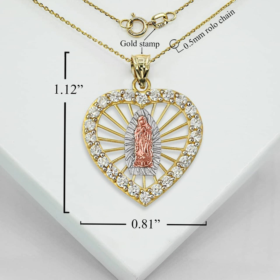 Tri-Tone Gold Our Lady Of Guadalupe CZ Heart Pendant Necklace Karma Blingz