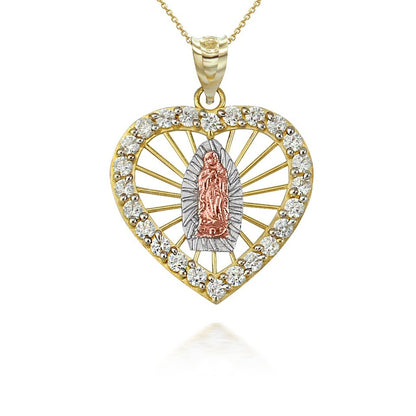 Tri-Tone Gold Our Lady Of Guadalupe CZ Heart Pendant Necklace Karma Blingz