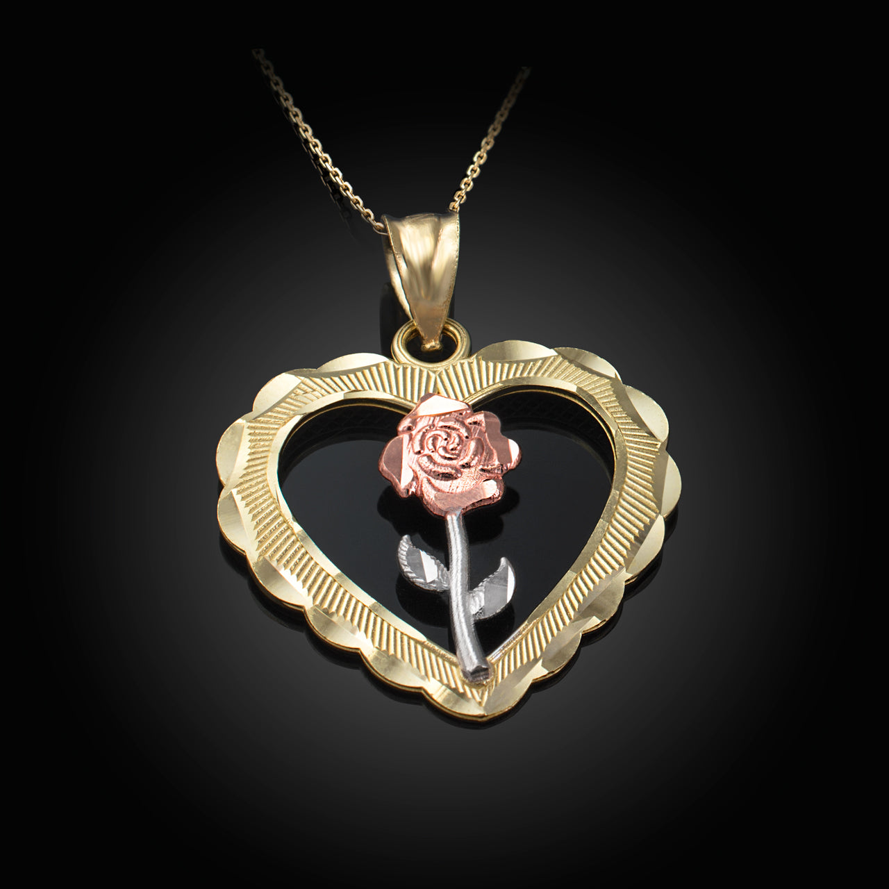 Tri-tone Gold Rose Flower Heart DC Pendant Necklace Karma Blingz