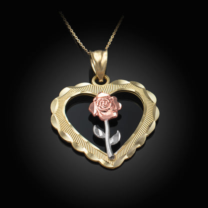 Tri-tone Gold Rose Flower Heart DC Pendant Necklace Karma Blingz