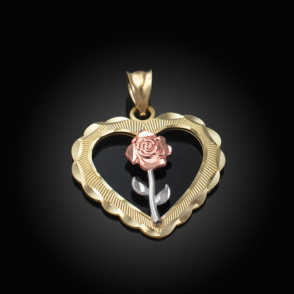 Tri-tone Gold Rose Flower Heart DC Pendant Necklace Karma Blingz