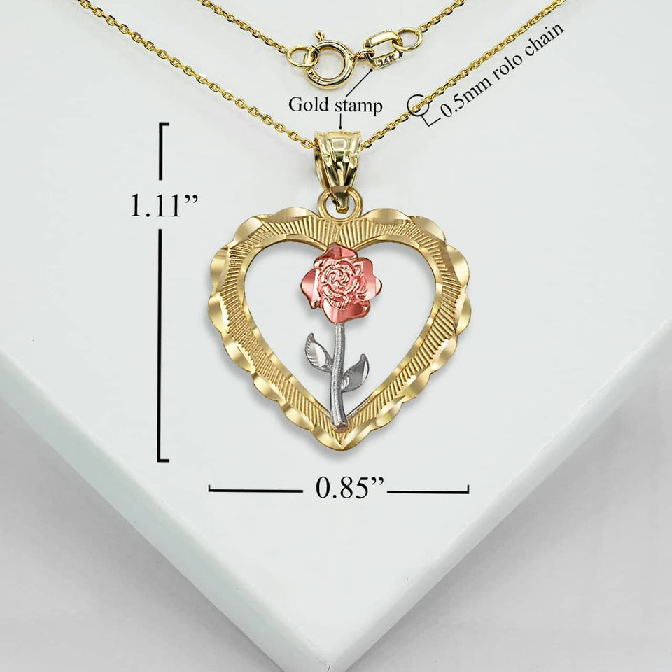 Tri-tone Gold Rose Flower Heart DC Pendant Necklace Karma Blingz