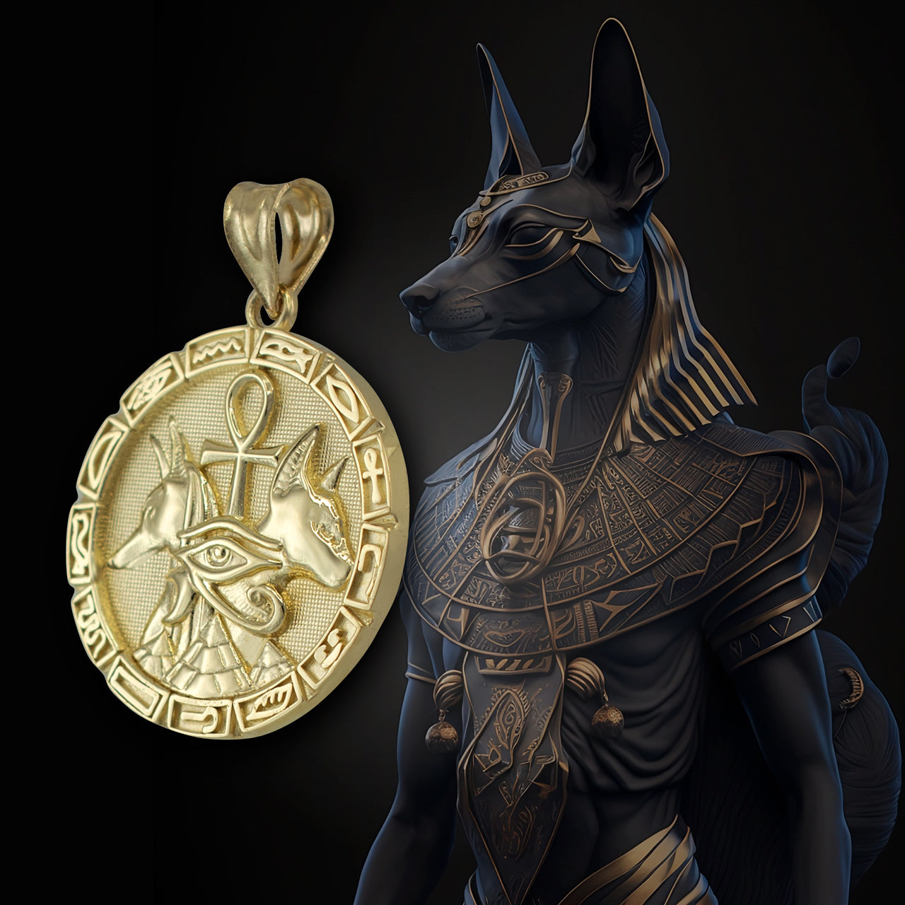 Gold Egyptian God Anubis Guard Dog Horus Ankh Amulet Necklace Karma Blingz