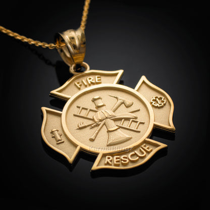 Gold Firefighter Fire Rescue Maltese Cross Pendant Necklace (14K, 10K, yellow, white, rose gold) Karma Blingz