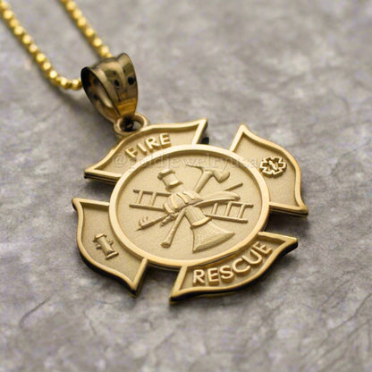 Gold Firefighter Fire Rescue Maltese Cross Pendant Necklace (14K, 10K, yellow, white, rose gold) Karma Blingz