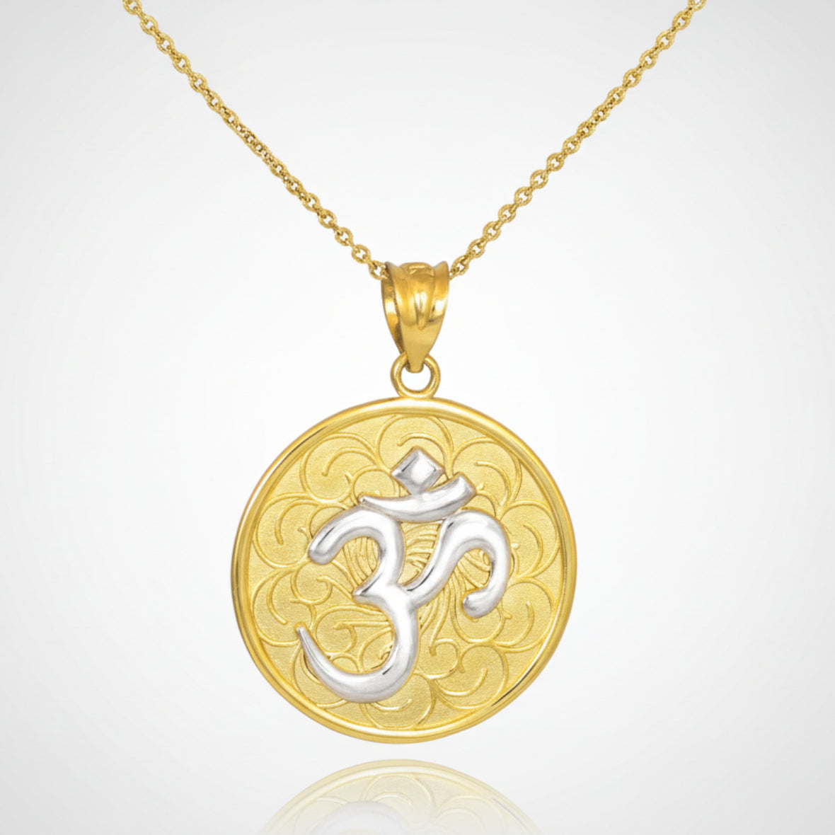 Gold Om (Aum) Yoga Medallion Pendant Necklace (yellow, white, rose gold) Karma Blingz