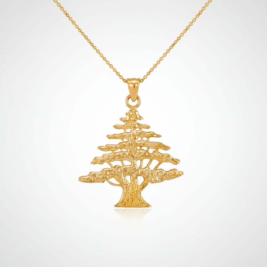 Gold Cedar Tree of Lebanon Pendant Necklace (10k, 14k, yellow, white, rose gold) Karma Blingz
