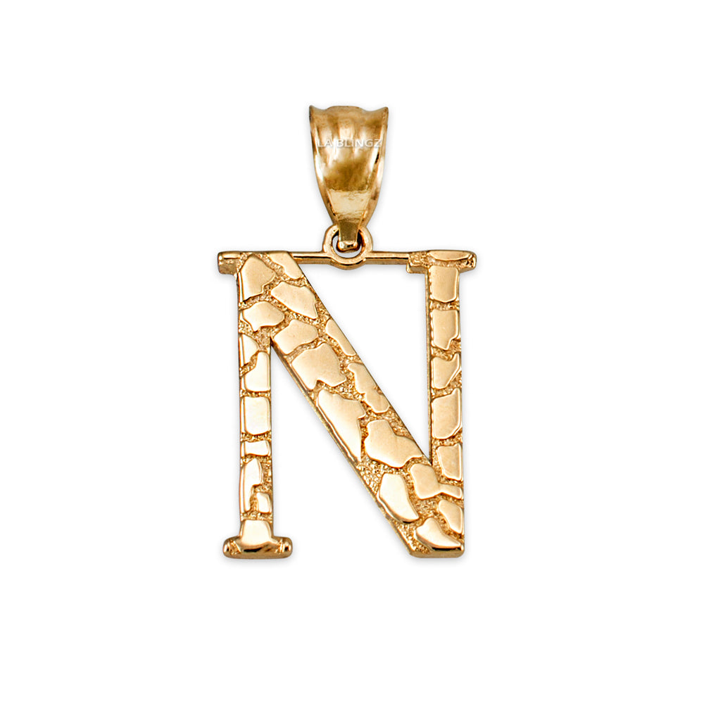 Gold Nugget Alphabet Initial Letter "N" Pendant Necklace (yellow, white, rose gold) Karma Blingz