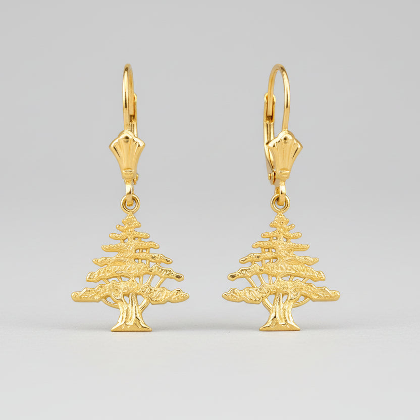 14K Gold Lebanese Cedar Tree Earrings (yellow, white, rose gold) Karma Blingz