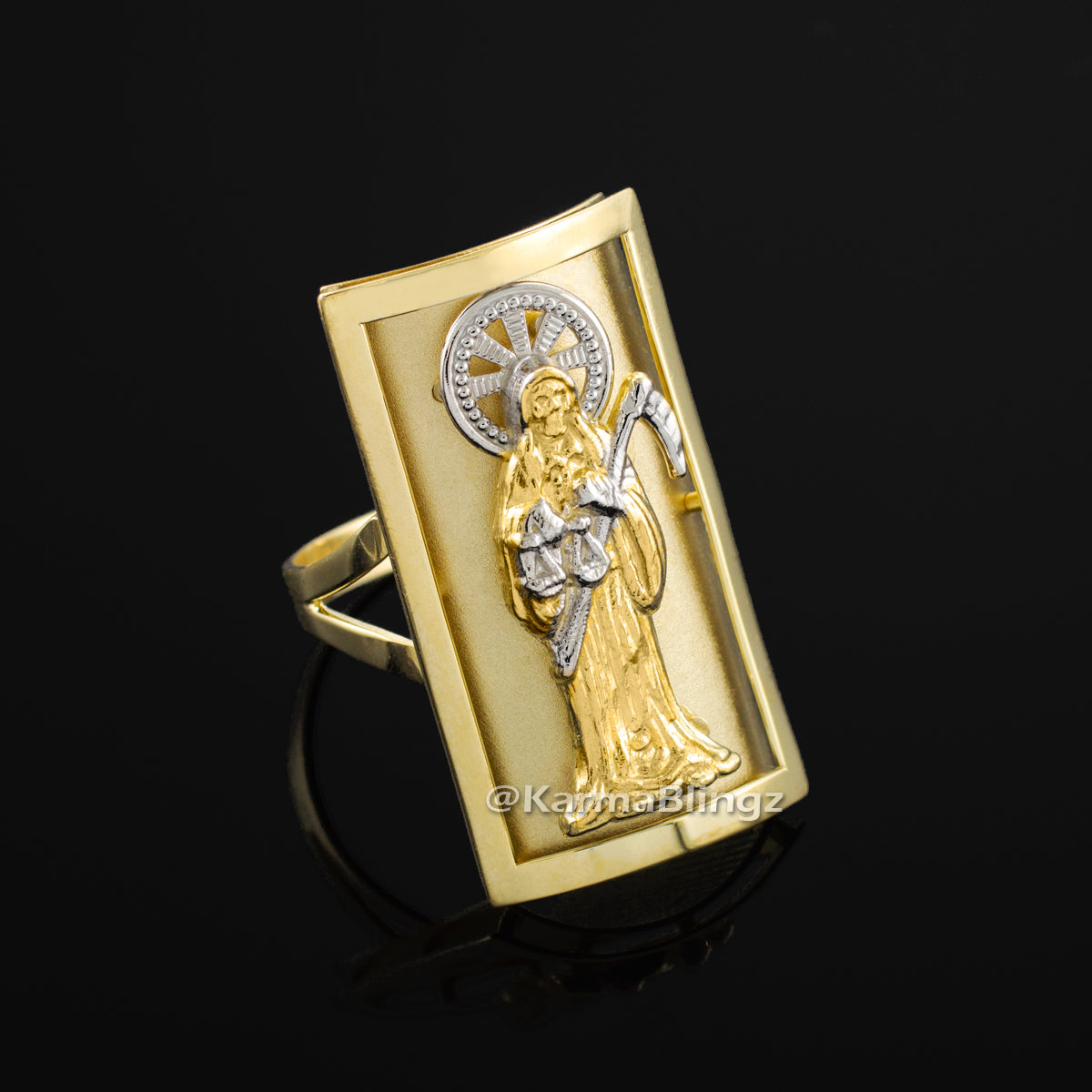 Gold Santa Muerte Fancy Ring (1.2") Karma Blingz