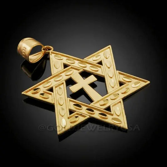Gold Judaic Christian Star of David Cross Pendant (14K, 10K, yellow, white, rose gold) Karma Blingz