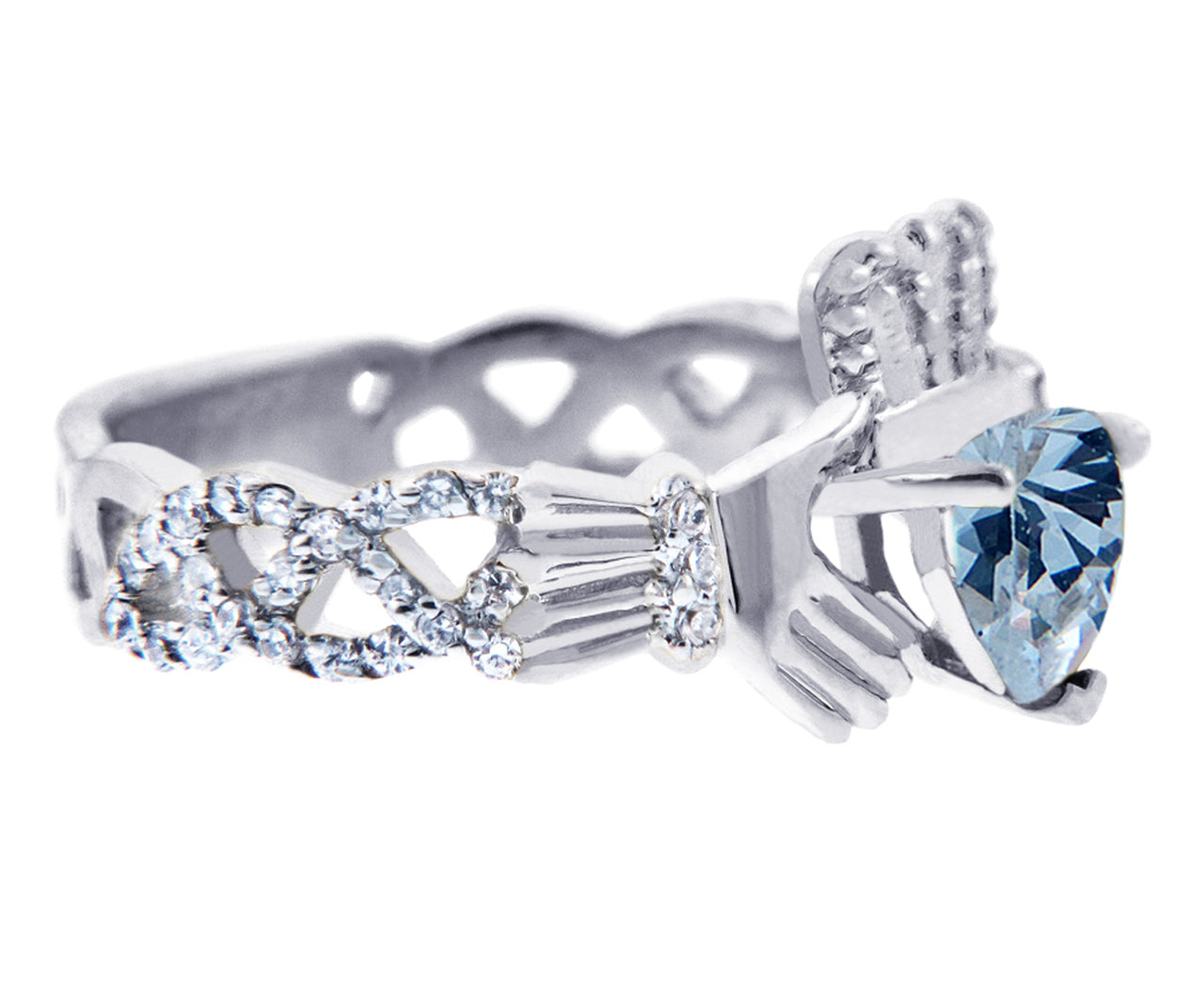 White Gold 0.40 ct Celtic Band Diamond Claddagh Engagement Ring with Aquamarine CZ Heart Center Stone (10K, 14K) Karma Blingz