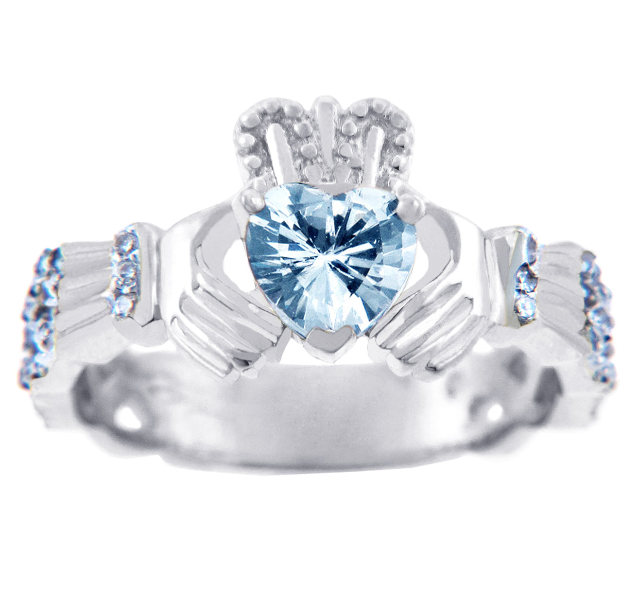 White Gold 0.40 ct Celtic Band Diamond Claddagh Engagement Ring with Aquamarine CZ Heart Center Stone (10K, 14K) Karma Blingz