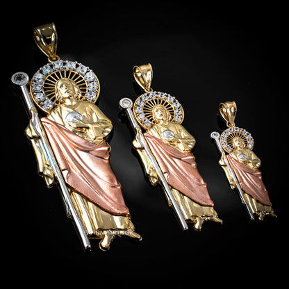 Tri-Color Gold Saint Jude CZ Charm Pendant (Small/Medium/Large,10K, 14K) Karma Blingz