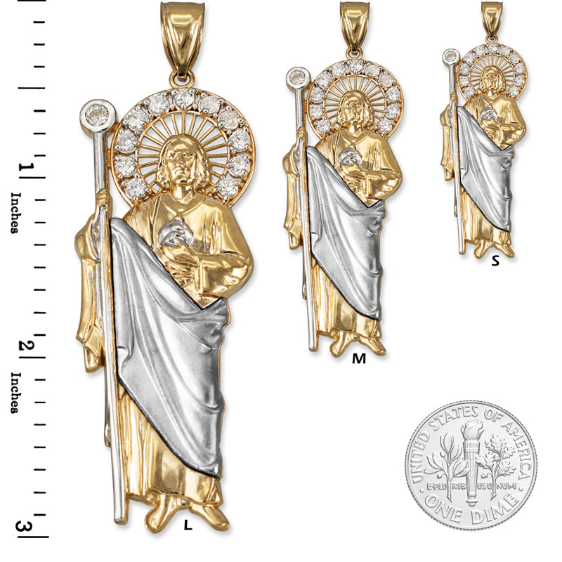 Two-Tone Gold Saint Jude CZ Charm Pendant (Small/Medium/Large,10K, 14K) Karma Blingz
