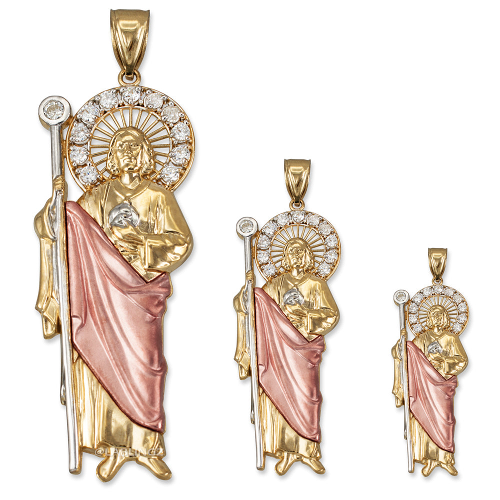 Tri-Color Gold Saint Jude CZ Charm Pendant (Small/Medium/Large,10K, 14K) Karma Blingz