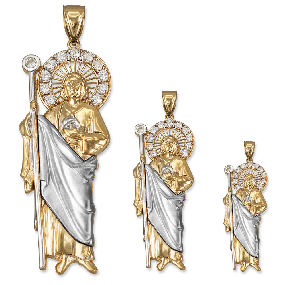Two-Tone Gold Saint Jude CZ Charm Pendant (Small/Medium/Large,10K, 14K) Karma Blingz