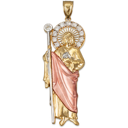 Tri-Color Gold Saint Jude CZ Charm Pendant (Small/Medium/Large,10K, 14K) Karma Blingz