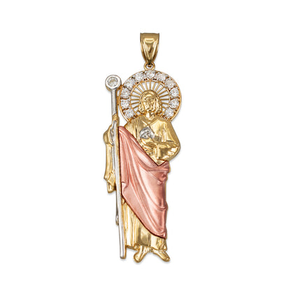Tri-Color Gold Saint Jude CZ Charm Pendant (Small/Medium/Large,10K, 14K) Karma Blingz