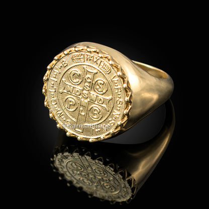 Yellow Gold St. Benedict Mens Statement Ring Karma Blingz