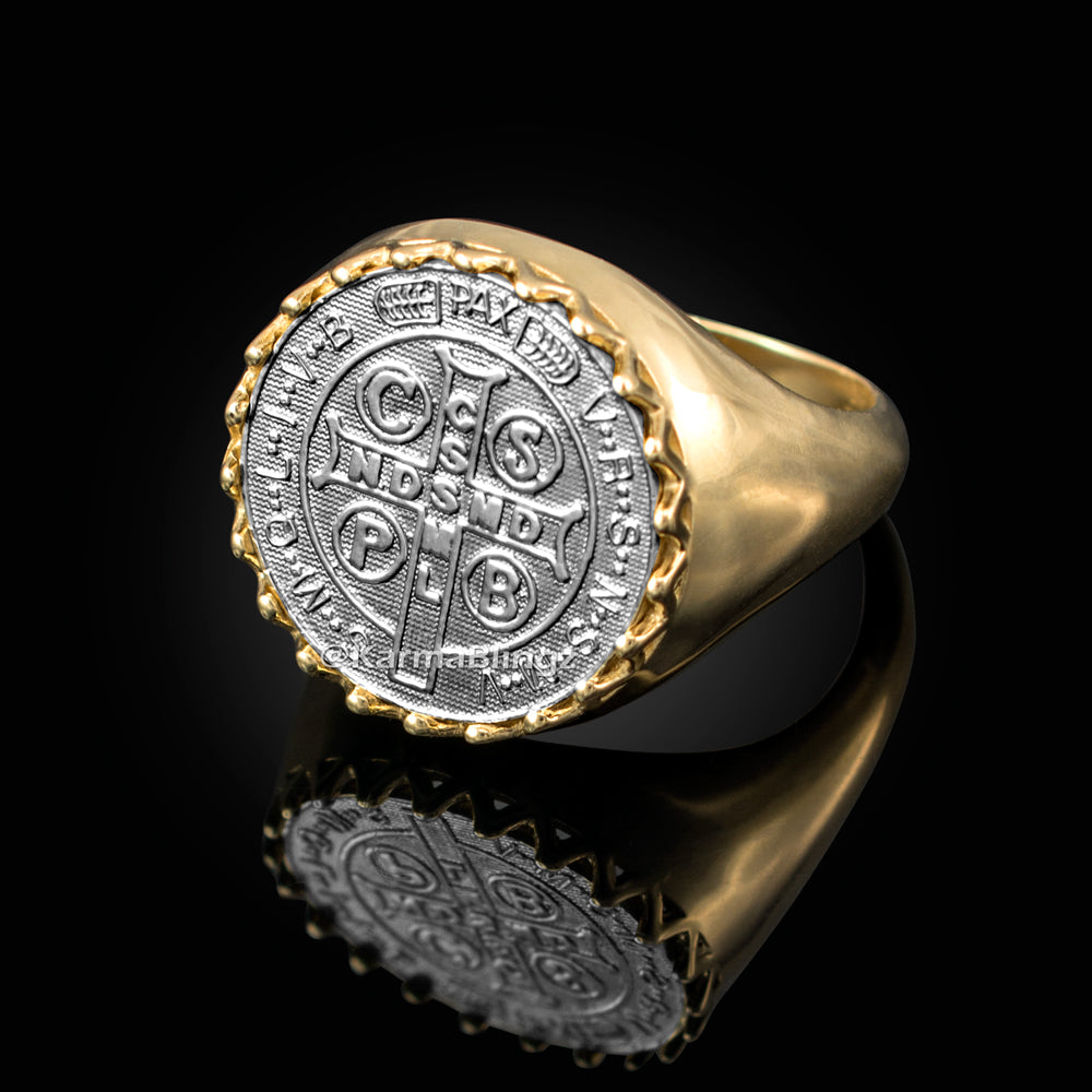 Two-tone Yellow Gold St. Benedict Mens Statement Ring Karma Blingz