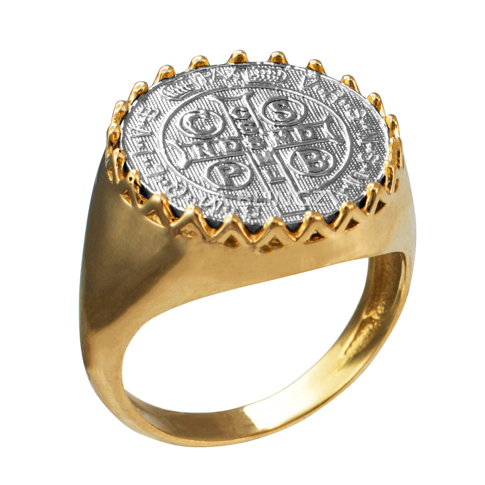Two-tone Yellow Gold St. Benedict Mens Statement Ring Karma Blingz