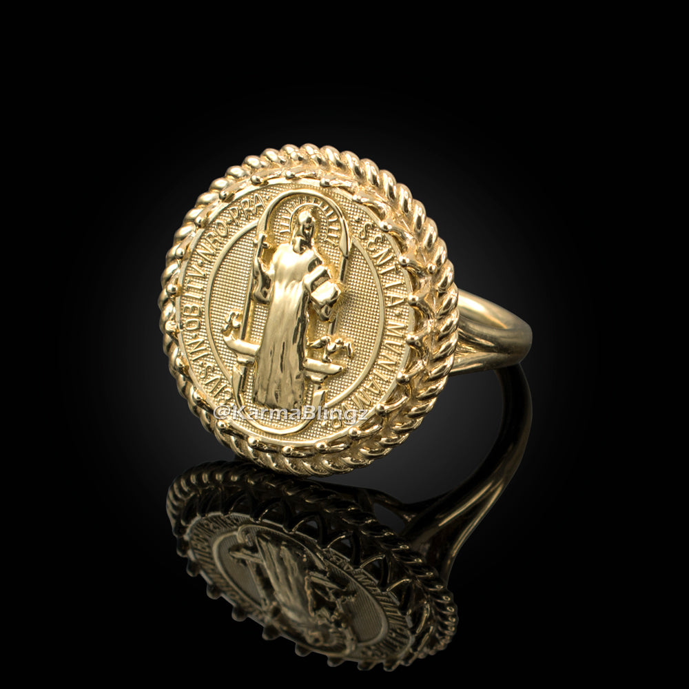 Yellow Gold Saint Benedict Womens Statement Ring Karma Blingz