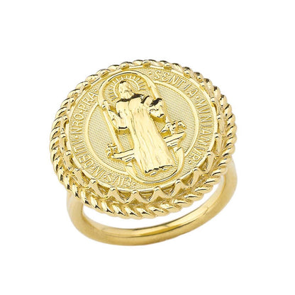 Yellow Gold Saint Benedict Womens Statement Ring Karma Blingz