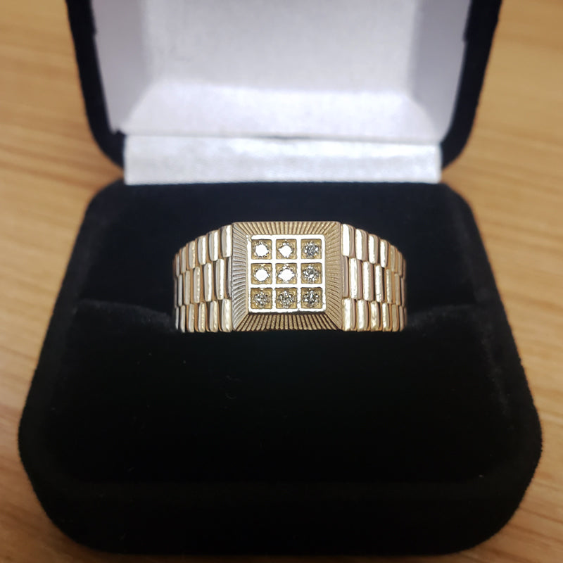10K Yellow Gold Watchband Design Mens Diamond Ring 0.08ct Karma Blingz