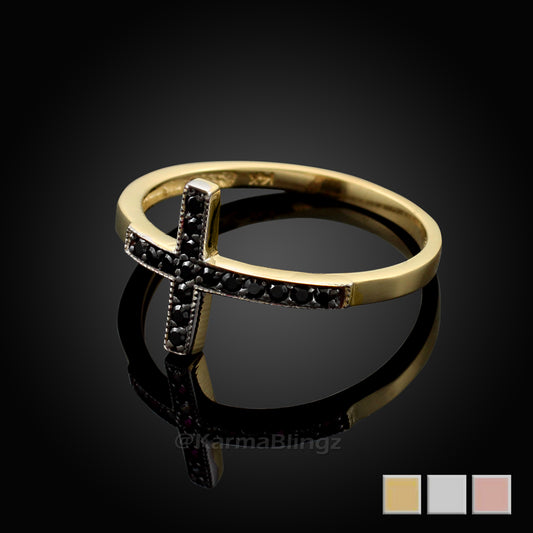 Black Diamond Sideways Cross Ladies Gold Ring (yellow, white, rose gold, 10K, 14K) Karma Blingz