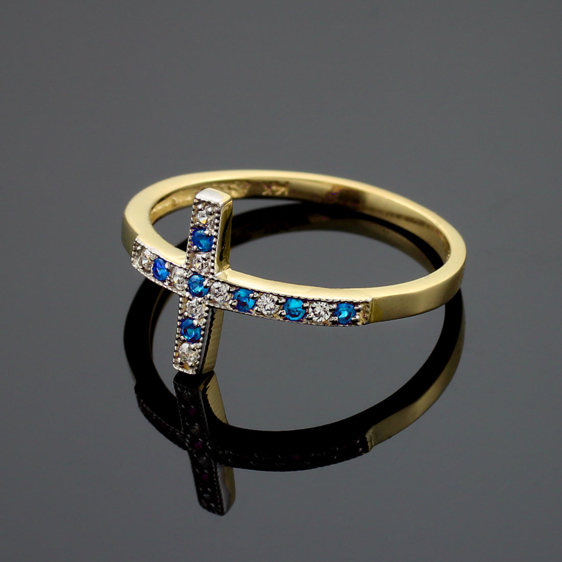 Sapphire and Diamond Sideways Cross Ladies Gold Ring (yellow, white, rose gold, 10K, 14K) Karma Blingz