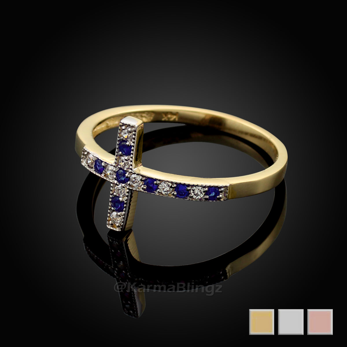 Sapphire and Diamond Sideways Cross Ladies Gold Ring (yellow, white, rose gold, 10K, 14K) Karma Blingz