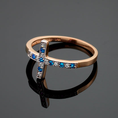 Sapphire and Diamond Sideways Cross Ladies Gold Ring (yellow, white, rose gold, 10K, 14K) Karma Blingz