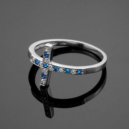 Sapphire and Diamond Sideways Cross Ladies Gold Ring (yellow, white, rose gold, 10K, 14K) Karma Blingz
