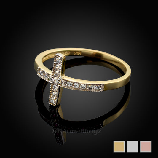 Diamond Sideways Cross Ladies Gold Ring (yellow, white, rose gold, 10K, 14K) Karma Blingz