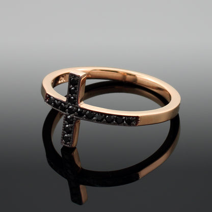 Black Diamond Sideways Cross Ladies Gold Ring (yellow, white, rose gold, 10K, 14K) Karma Blingz