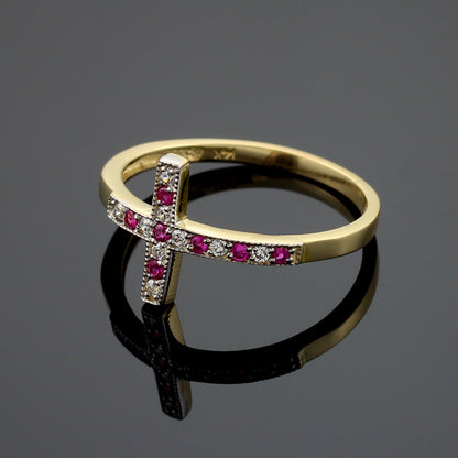 Ruby and Diamond Sideways Cross Ladies Gold Ring (yellow, white, rose gold, 10K, 14K) Karma Blingz