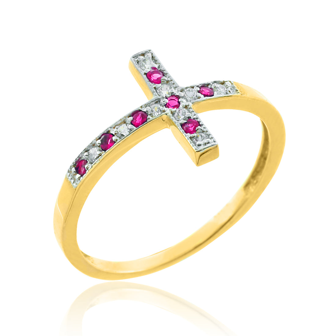 Ruby and Diamond Sideways Cross Ladies Gold Ring (yellow, white, rose gold, 10K, 14K) Karma Blingz