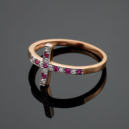 Ruby and Diamond Sideways Cross Ladies Gold Ring (yellow, white, rose gold, 10K, 14K) Karma Blingz