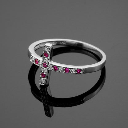 Ruby and Diamond Sideways Cross Ladies Gold Ring (yellow, white, rose gold, 10K, 14K) Karma Blingz