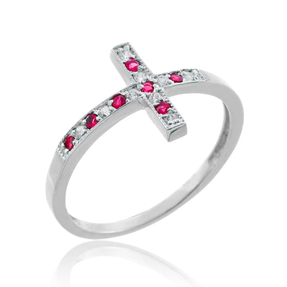 Ruby and Diamond Sideways Cross Ladies Gold Ring (yellow, white, rose gold, 10K, 14K) Karma Blingz