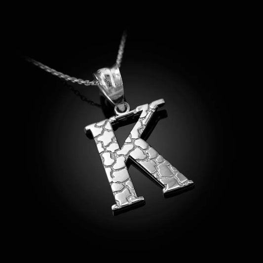 Sterling Silver Nugget Alphabet Initial Letter "K" Pendant Necklace Karma Blingz