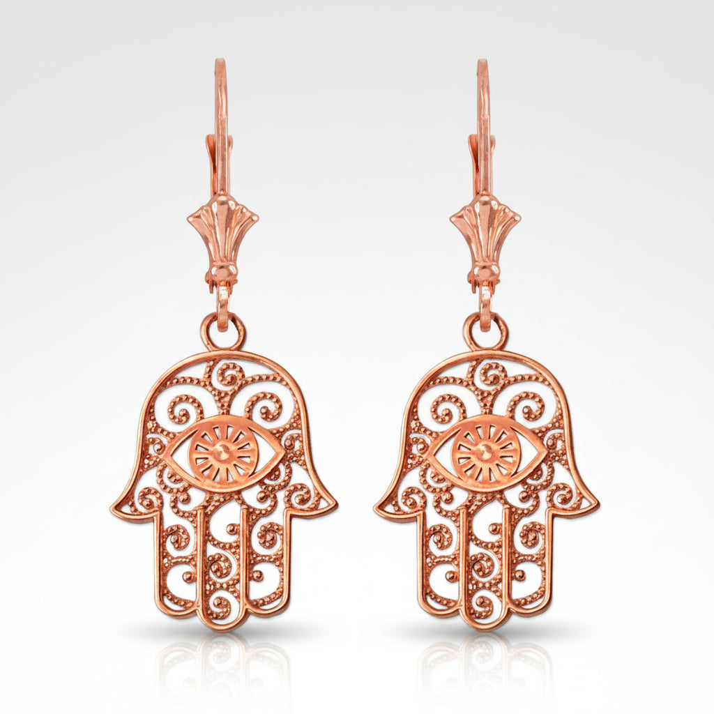 Gold Hamsa Evil Eye Filigree Earrings (yellow, white, rose gold) Karma Blingz